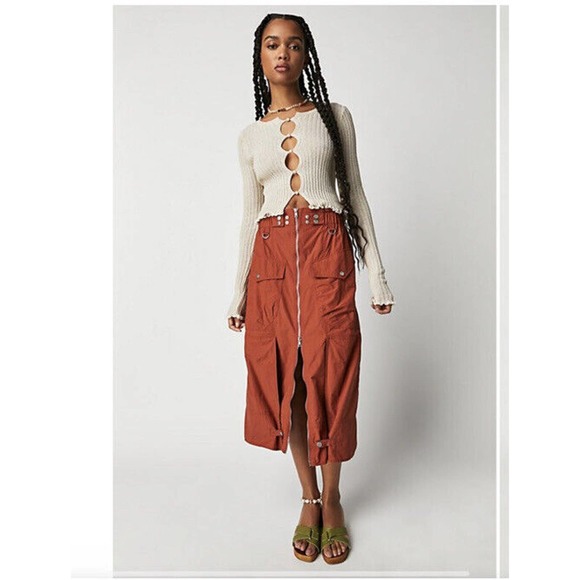 Free People Rory Techy Midi Skirt Size Xsmall Cargo Pockets Orange - Picture 1 of 9